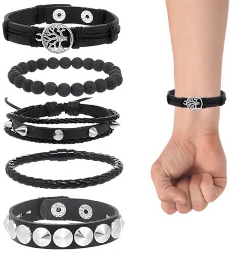 YUVKIN 5 Pezzi Bracciale Unisex in Pelle Stile Punk con Borchie, Bracciale Gothic, Polsino con Nieten (per Halloween, Natale, Festa in Costume, Concerto Rock) (Nero)