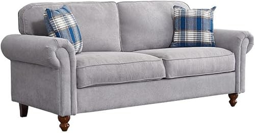 Panana Modern 2 or 3 Seater Sofa, Fabric Loveseat with 2 Plaid Accent Pillows,Rolled Armrest, Compact Living Room Settee Couch (Grey, 3 Seater)