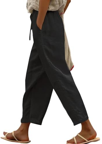 Yutdeng Pantalon Lin Femme Été 7/8 Pantalon Femme Coton Lin Léger Pantalons Décontractée Taille Haute Pantacourt Taille Elastique Confortable Pants Couleur Unie Sport Plage Jogging Yoga avec Poches