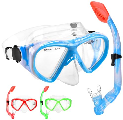 Schnorchelset Kinder, Taucherbrille Kinder mit Schnorchel Anti Leck Anti Fog HD Tauchmasken Dry Schnorchel für 4-13 Jahren Jungen Mädchen