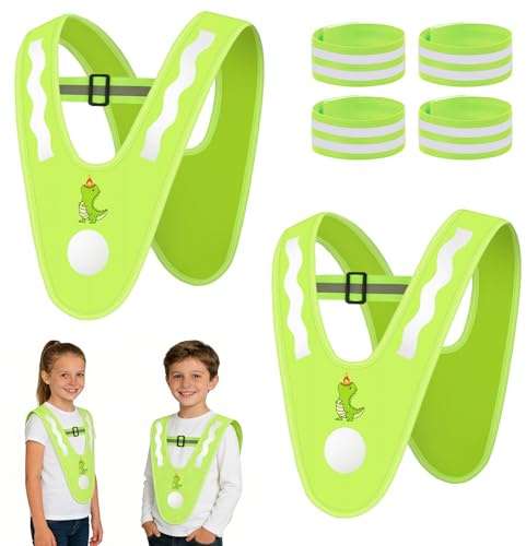 BSBUY V-formad reflexväst för barn - 2-pack lätt reflexväst med hög synlighet och 4 armband, universalstorlek, säkerhetsväst för sport, löpning, cykling, säkerhetsväst för nattresor, dinosaurie