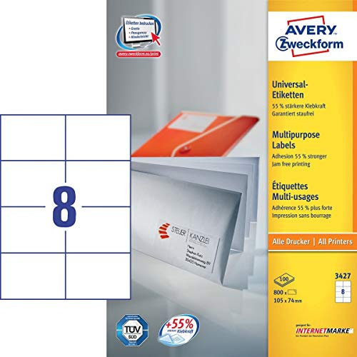 Avery-Zweckform 3427 Etiketten 105 x 74mm Papier Weiß 800 St. Permanent Universal-Etiketten Tinte,