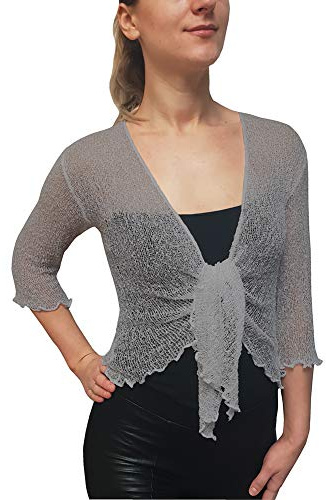 Mimosa Mujeres Talla Extra Crochet Bolero Brillo y Liso de Encaje Elastico Cardigan Abierto (Talla única, Grey)