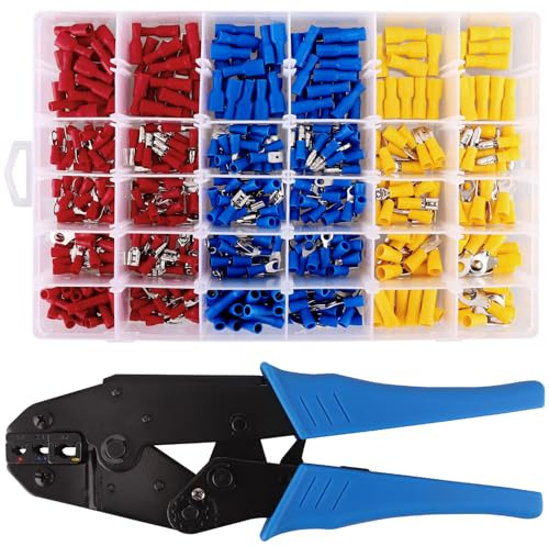 Pluworks Crimpzange mit 500 tlg. Kabelschuhe, Quetschverbinder enthält Ring-Kabelschuhe, Rundstecker, Rundsteckhülsen, Flachstecker, Flachsteckhülsen, Gabelkabelschuhe und Stoßverbinder