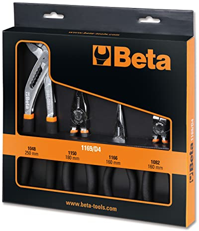 BETA 1169/D4 set di 4 utensili, 1 pinza universale, 1 pinza a becco semicircolare lungo, zibellino, 1 tagliafili e 1 paio di pinze con cerniera chiusa