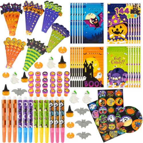 JOYIN 144Pcs 24 Pack Assorted Halloween Themed Stationery Kids Gift Set Trick or Treat Party Favor Toy Including Halloween Watercolour Pens, Rulers, Stickers, Stamps and Erasers in Trick or Treat Bags