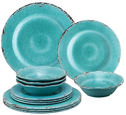 UP ware - Juego de vajilla de melamina agrietada de 12 piezas, juego de platos para exteriores, juegos de platos y cuencos, servicio para 4, turquesa