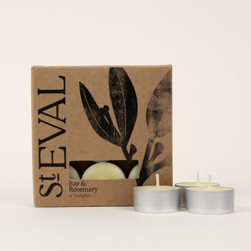 St Eval | Bay & Rosemary Scented Tealights | Earthy Herbal Fragrance | Pack of 9 | Long-Lasting Burn Upto 6 Hours Per Tealight Candle | Made in Cornwall