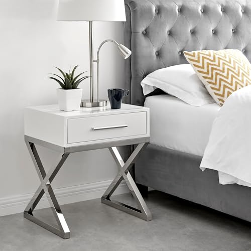 Furniturebox UK Oxford Bed Side Bedside Table With Drawer White High Gloss and Silver Chrome End Side Table Nightstand Storage Unit