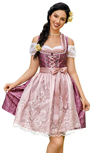 Clearlove Dirndl femme midi 3 pièces. Robe traditionnelle pour Oktoberfest, carnaval, trois pièces : robe, chemisier, tablier (emballage réutilisable), dentelle rouge, 38