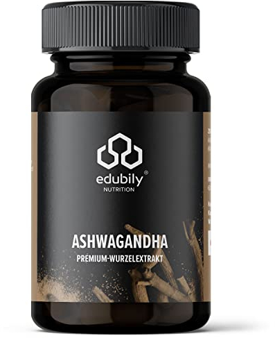 edubily nutrition® Ashwagandha-Extrakt. Mit 500 mg Extrakt pro Kapsel. Markenrohstoff KSM-66® mit 25 mg Withanoliden. 60 Kapseln pro Glas.