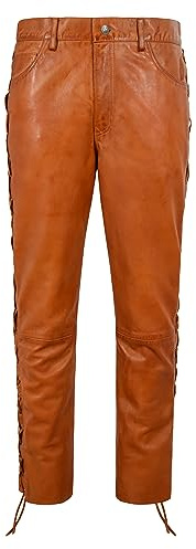 Men's Biker Leather Trouser Tan Wax Laced Motorcycle Style 100% Napa Trouser Pant 00126, Tan, 34 Regular