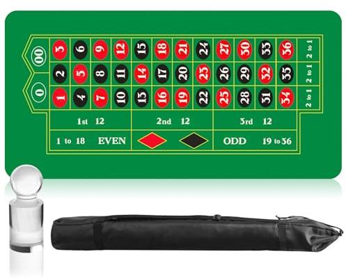 Poen Roulette Mat Tabletop Felt Layout Set Rubber Roulette Wheel Table Cover Craps Mat with Win Marker Storage Bag Casino Gift for Casino Friend Party Home Entertainment Night(Green,70 x 35 Inch)