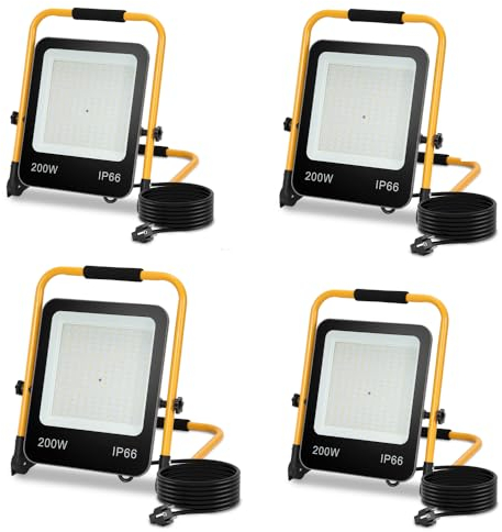 Yakimz LED Projecteur de chantier Lampe de travail 200W, 4X support pliable, lampe de chantier 18000LM 6000K blanc froid IP66 étanche pour l'intérieur et l'extérieur (avec prise et câble)