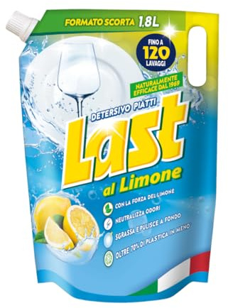 Last, Detersivo per Piatti a Mano al Limone, Neutralizza gli Odori, Azione Sgrassante - Formato Scorta, 1,8 Litri x 4 Confezioni + Dispenser Omaggio