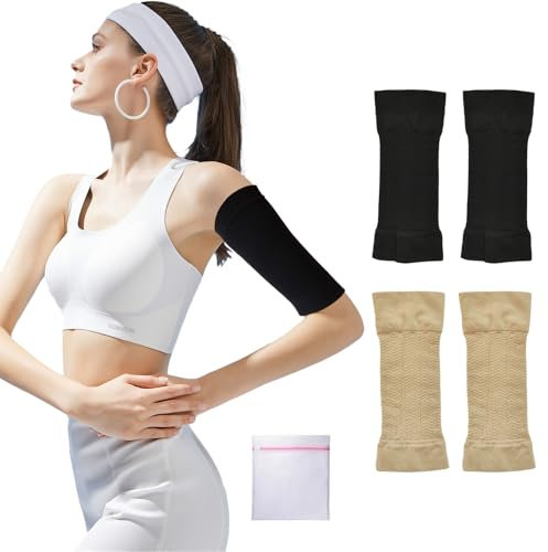 VEGCOO 2 Manches de Bras Amincissantes Femme, Manches de Compression de Bras + 1 Sac à Linge, Manchon De Bras Élastique, Shapers de Bras de Compression pour Anti-odème Gonflement (noir + beige)