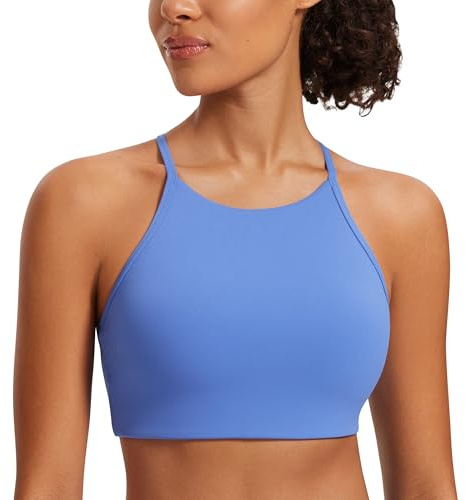 CRZ YOGA Butterluxe Womens High Neck Y Back Sports Bra - Padded Halter Racerback Spaghetti Thin Strap Workout Gym Top Wild Indigo Small