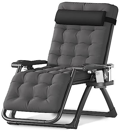 Silla reclinable extra ancha de gravedad cero para patio al aire libre con cojín extraíble y charola plegable para uso en interiores y exteriores