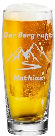 LUXENTU Bierglas mit Gravur, Willi Becher mit 0,5 Liter Eichung, Personalisierte Lasergravur mit Name & Berg-Motiv, 2 Zeilen kofigurierbar, Geschenk für Naturliebhaber, Spülmaschinengeeignet