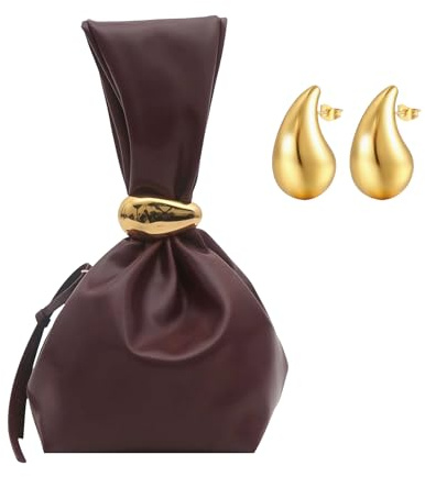 Anopo Small Wristlet Purse for Women with Earring Vegan Leather Clutch Evening Bag Wrist Handbag Sleeve-Knot-Pouch Brown