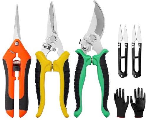 SPOKKI 6 Pcs Garden Secateurs Heavy Duty Set, 3 Pruning Secateurs + 2 Household Scissors + Gloves, Garden Snips Pruning, Pruning Shears for Gardening for Plants, Gardening, Trimming, Garden Tools