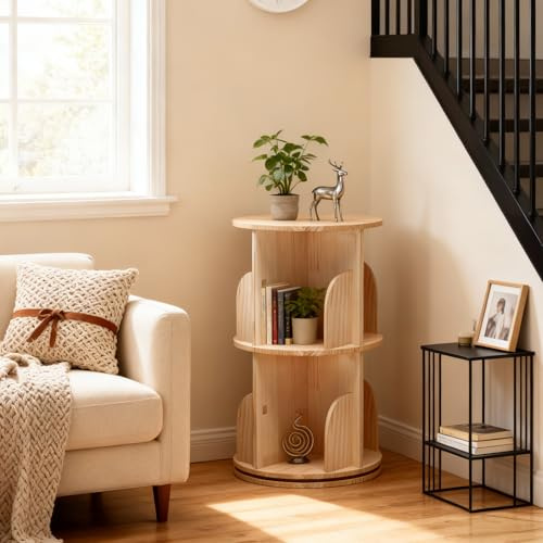 360 Degree Rotating Bookcase, Solid Wood Standing Shelf, Floor Standing Bookcase, Multifunctional Bookcase, Storage Shelf for Children and Adults, 2 Tiers, Diameter 39 cm, Height 67 cm