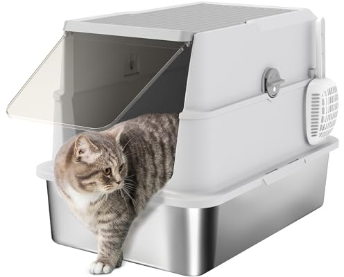 PawHut Stainless Steel Cat Litter Tray, Extra Large Enclosed Litter Box for Large Cats with Scoop, Flip Top, Easy Cleaning, Light Grey