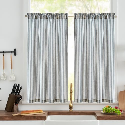 TOPICK Kitchen Curtains, Half Window Cafe Curtains, Blue Stripe, W36xL45 | 2 Panels Linen Look Rod Pocket Light Filtering Curtains for Bedroom, Living Room, Cupboard Base, Sink