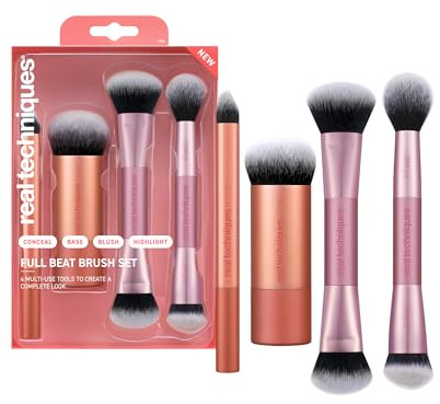 Real Techniques Make-up Pinselset Full Beat, 4-teiliges Set für Foundation, Concealer Rosa, Kontur, Beleuchten und Mischen Puder, Reisegepulver, Weiches Haar ultraflach, ohne