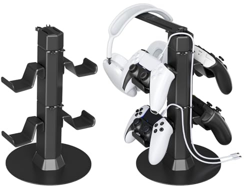 Kosker Supporto per Cuffie e Controller Scrivania a 2 Livelli, Supporto per Controller con Gancio per Cuffie Rotante a 360°, Universale Porta Cuffie e Joystick Accessori Gaming con Organizer per Cavi