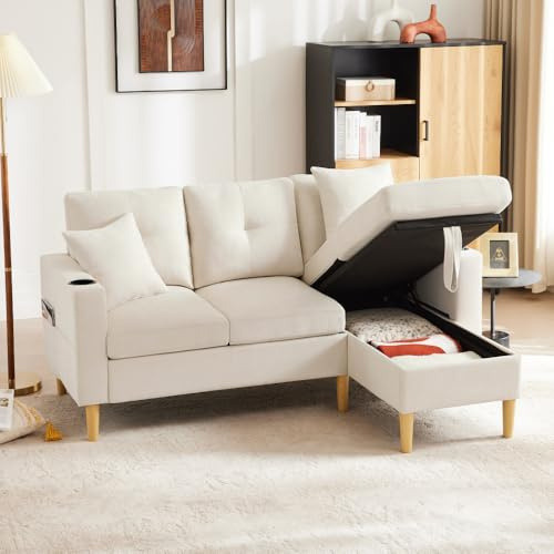 Sofá esquinero intercambiable, sofá de 3 plazas con chaise longue, sofás de esquina modernos con espacio de almacenamiento, 2 portavasos, 2 cojines, sofá esquinero en L con bolsillo lateral, para