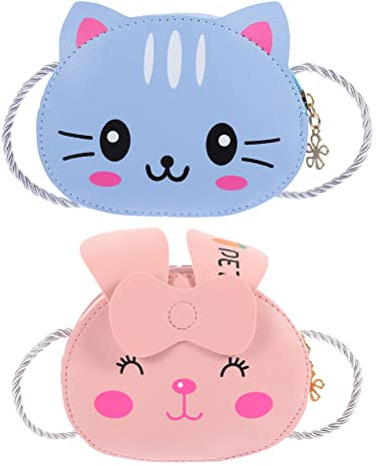 SECFOU Bolsa Bandolera para 2 Piezas (Rosa y Azul), Mini Bolso de Dibujos Animados, Monedero Portátil de Cuero PU Resistente para Niñas, Bolso Cruzado Infantil para Uso Diario