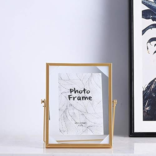 2 Pack 4x6 Glass Photo Frame Metal Geometric Picture Frame Metal Floating Glass Picture Frame with Easel (Vertical), For Photos, Art, Tabletop Display (Gold)