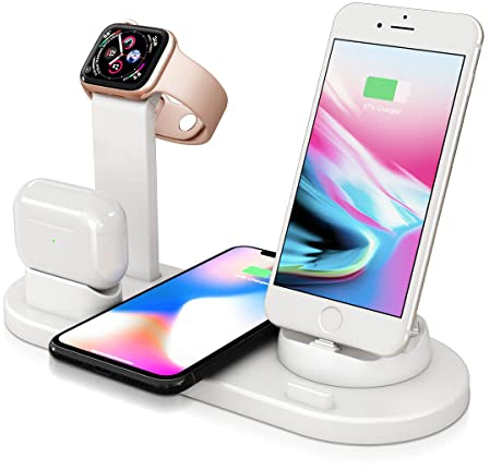 4-in-1 Wireless Charging Station, 360°Rotatable Charger Dock for Apple/Micro/Type C Phones, Qi Fast Wireless Charging Stand for iWatch Series, Airpods, iPhone, Samsung Galaxy