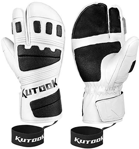 KUTOOK Skihandschuhe Herren Damen Fäustlinge Winter Handschuhe Snowboardhandschuhe Thermo Ziegenleder 3M Thinsulate Wasserdicht Winddicht für Ski Snowboard Wintersport Weiß, L (GS515)