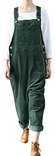 Petalum Womens Casual Corduroy Jumpsuit Retro Sleeveless Bib Overalls Dungarees with Pockets (02-Green, L)