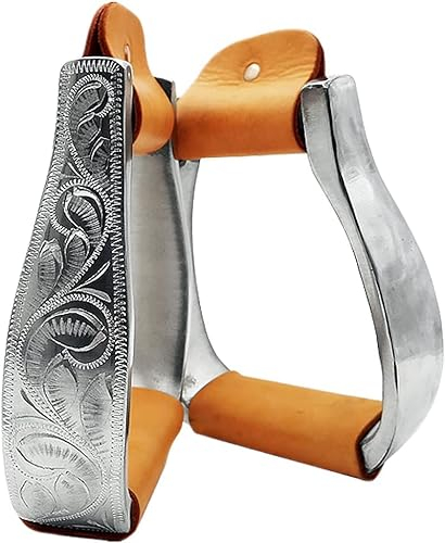 Sport Tent Paar Steigbügel Western Reitbügel Aluminium-Leder Bügel Eingraviert Barocke Steigbügeleisen & -tritte für Reiten Zubehör Braun-125