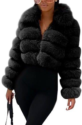 loveimgs Women Fluffy Faux Fur Coat Cropped Jacket Puffer Jacket Zip Up Winter Warm Fuzzy Teddy Jacket (Medium,Black)