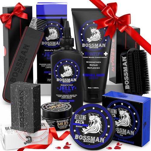 Bossman Big Boss Beard Care Kit for Men - 7 Piece Beard Grooming Kit with Jelly Beard Oil, Beard Conditioner, Beard Balm, MUDstache Wax, Bar Soap, Metal Comb, Brush - Gift Set for Men (Royal Oud)