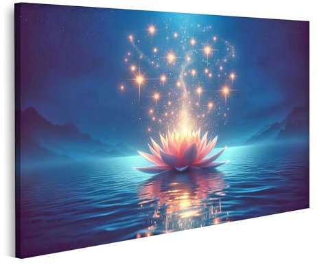 islandburner Quadro su tela Fiore di loto luminoso cielo stellato acqua magica immagini murale poster