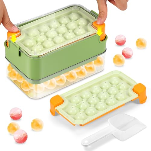 Bac à glaçons avec couvercle et récipient – 2 bacs à glaçons ronds + pelle à glace + récipient à glace, plateaux à glaçons faciles à détacher