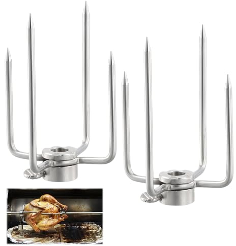 Rundago Edelstahl Fleischklammer Set für Drehspieß, 2 Fleischnadeln mit Feststellschraube und roter Schutzhülle, Grillspieß Zubehör für 12mm Durchmesser