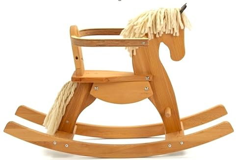 Jamso Design | Schaukelpferd Emmy mit Naturhaarmähne und Lederohren, seidiges Buchenholz, Holzpferd, Handarbeit, nachhaltig, Waldorf, Naturspielzeug | Taufgeschenk | mit abnehmbarem Bügel, Sitzring