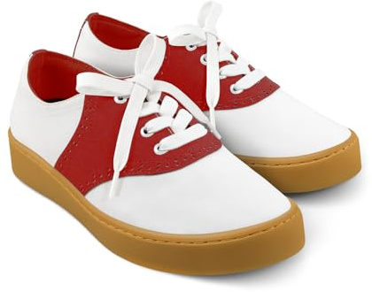 Hot Chocolate Design Lace-Up Casual Sneakers, Saddle Red – Flat Sole Sneakers for Women, Classic Red & White Color Block Canvas Upper, Retro-Inspired Sporty Sneakers — Size 39