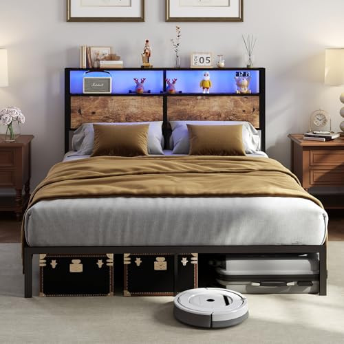 RVONOW King Size Bed Frame with Headboard, 150x200cm Metal Platform Bed Frame with LED Lights, Under Bed Storage, Heavy Duty, No Box Spring Needed, Noise Free, Easy Assembly (No Charging Socket)