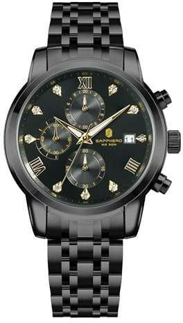 SAPPHERO Herrenuhr Edelstahl 50m Wasserdicht Leuchtende Stilvolle Armbanduhr Datum Analog Quarz Schwarz-Schwarz - Geschenk für Herren