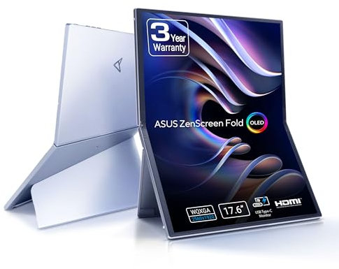 ASUS ZenScreen Fold OLED MQ17QH - 17,3 Zoll tragbarer USB Monitor - 12,5 Zoll gefaltet, 100% DCI-P3, QHD 2560x1920, 4:3, DisplayHDR 500 - Typ-C USB, Mini HDMI, Kickstand, Stativgewinde, glänzend