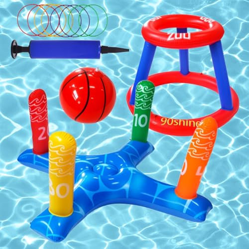 dellyy 2Pcs Piscina Gonfiabile Giocattoli, con 1 Pallone Basket e 8 Canestri Lancio, Pallacanestro Acqua, Bowling Cross Toss Set, Gioco Lancio Dell'Anello, Giocattolo Acquatico Gonfiabile 2 in 1 (B)