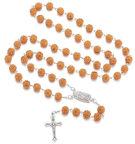 AFSTALR Rosenkrans-kedja med strass rosary för kvinnor radband pärlor halsband med jungfru Maria och korshänge radband halsband för dop bröllop nattvardsfest, Rostfritt stål