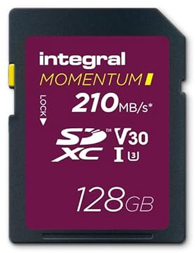 Integral Momentum I Tarjeta SDXC de 128 GB, hasta 210 MB/s de Lectura y 180 MB/s de Escritura, V30, U3, para cámaras DSLR, sin Espejo y videocámaras, vídeo 4K UHD, Resistente al Agua